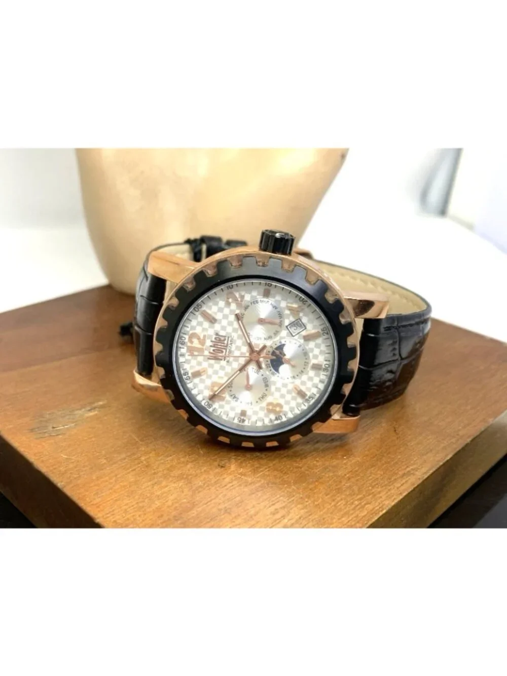 Wohler Men's Watch Automatic Triple Calendar Day Night Black Leather Strap 42mm